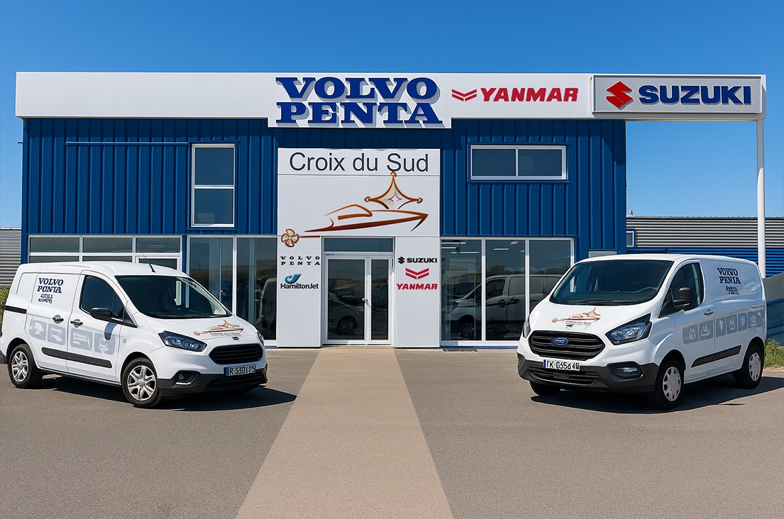 Croix du Sud – Concessionnaire Volvo Penta et Suzuki Marine au Cap d’Agde Façade du bâtiment Croix du Sud au Cap d’Agde avec les enseignes Volvo Penta et Suzuki, deux véhicules de service stationnés devant.