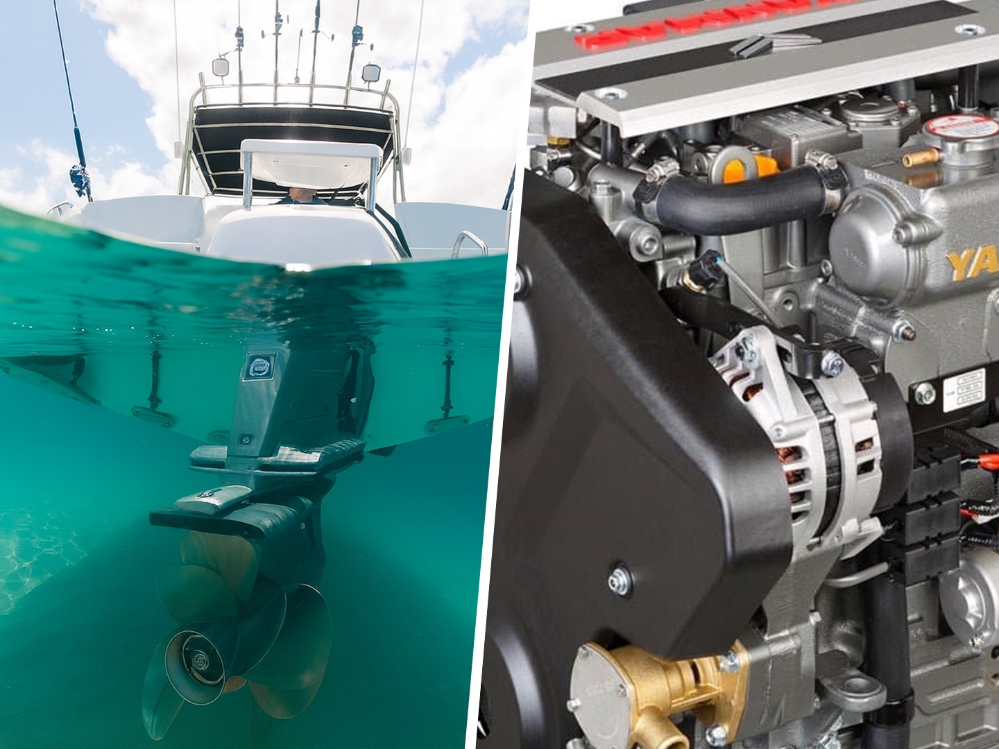 Volvo Penta, Suzuki Marine, Yanmar, Mercury et Honda Marine – Motorisation marine copie Moteur Volvo Penta immergé vu sous l’eau turquoise, illustrant la motorisation marine de référence avec Suzuki Marine, Yanmar, Mercury et Honda Marine.