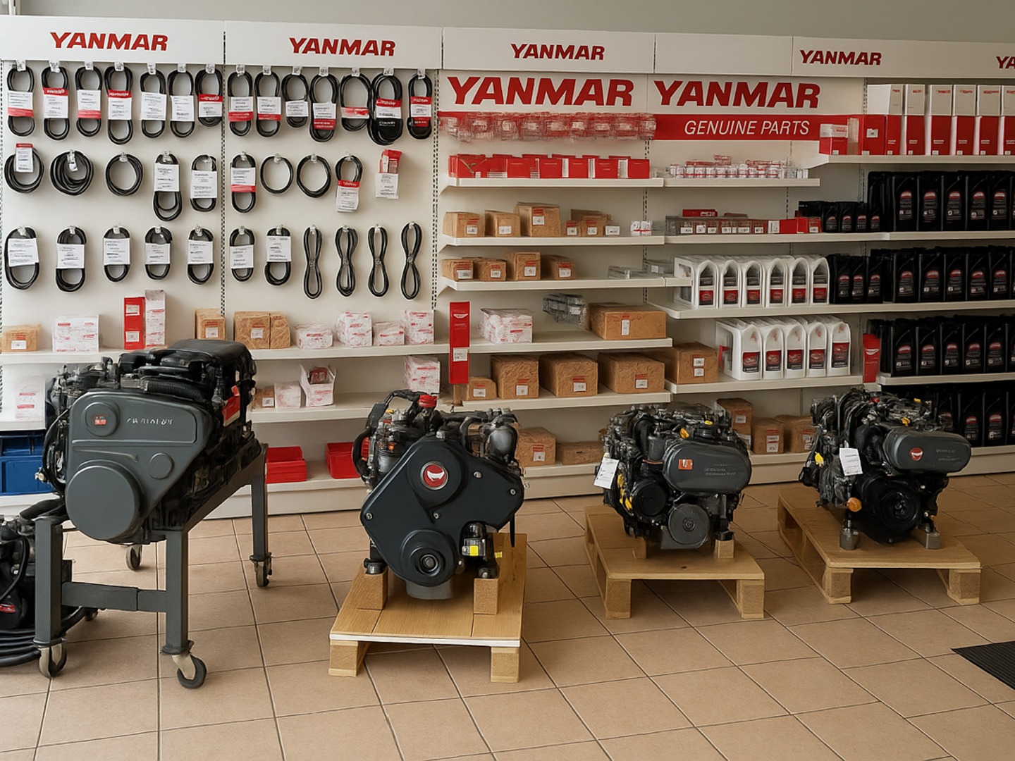 yanmar-moteurs-pieces-detachees-volvo-suzuki-mercury.jpg Moteurs Yanmar exposés avec pièces détachées et huiles en magasin spécialisé, aux côtés des grandes marques marines Volvo Penta, Suzuki Marine, Mercury et Honda Marine.